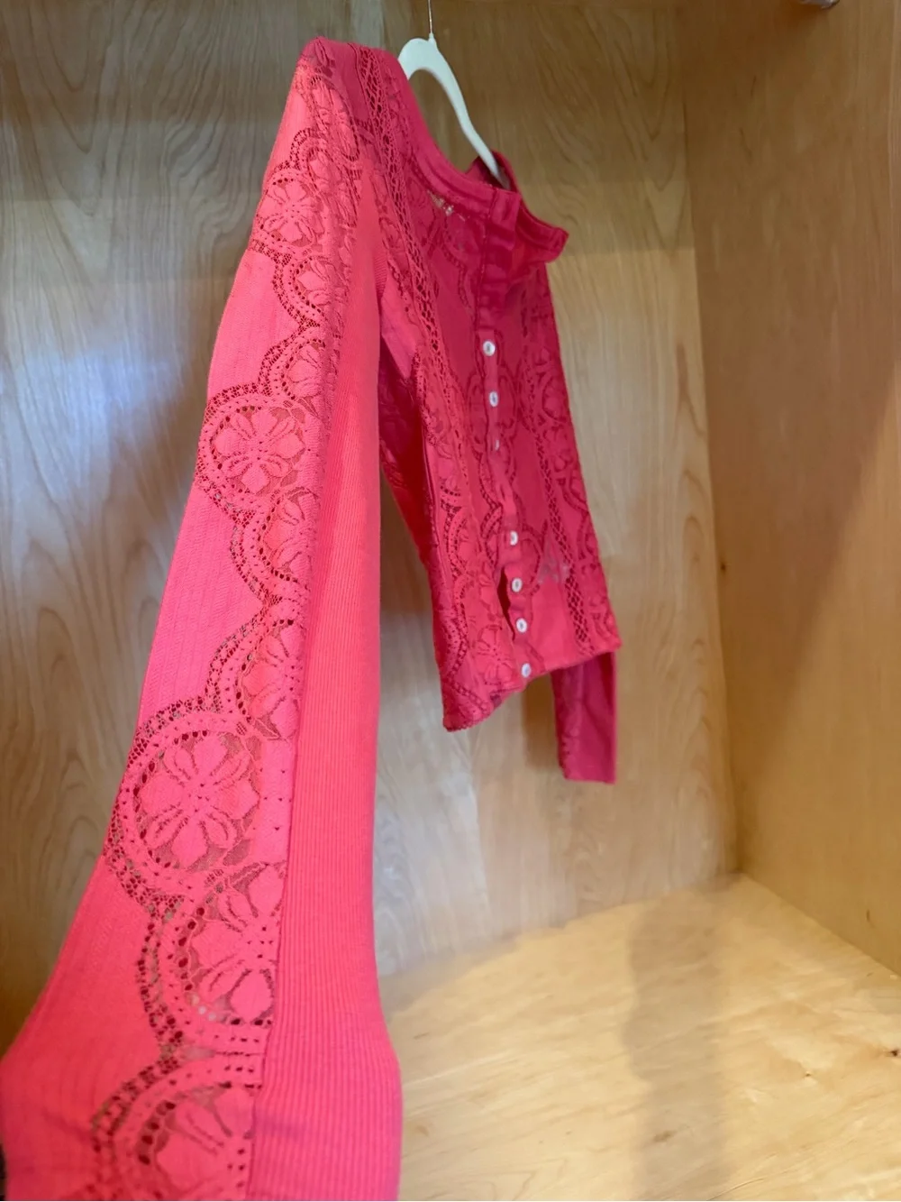 Free People Red Crochet Lace Button-Front Long Sleeve Top